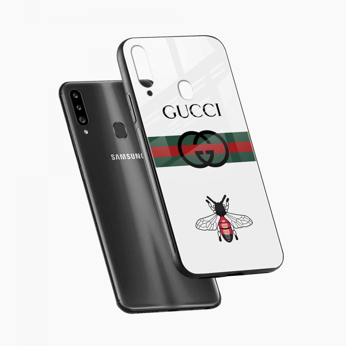 white gucci samsung a70s back cover diagonal view