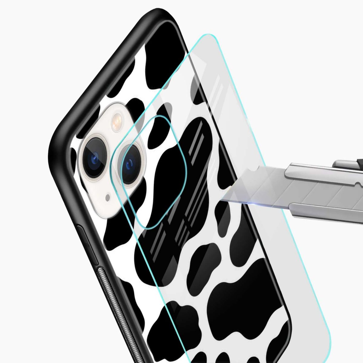 cow print iphone 14 plus back cover glass view