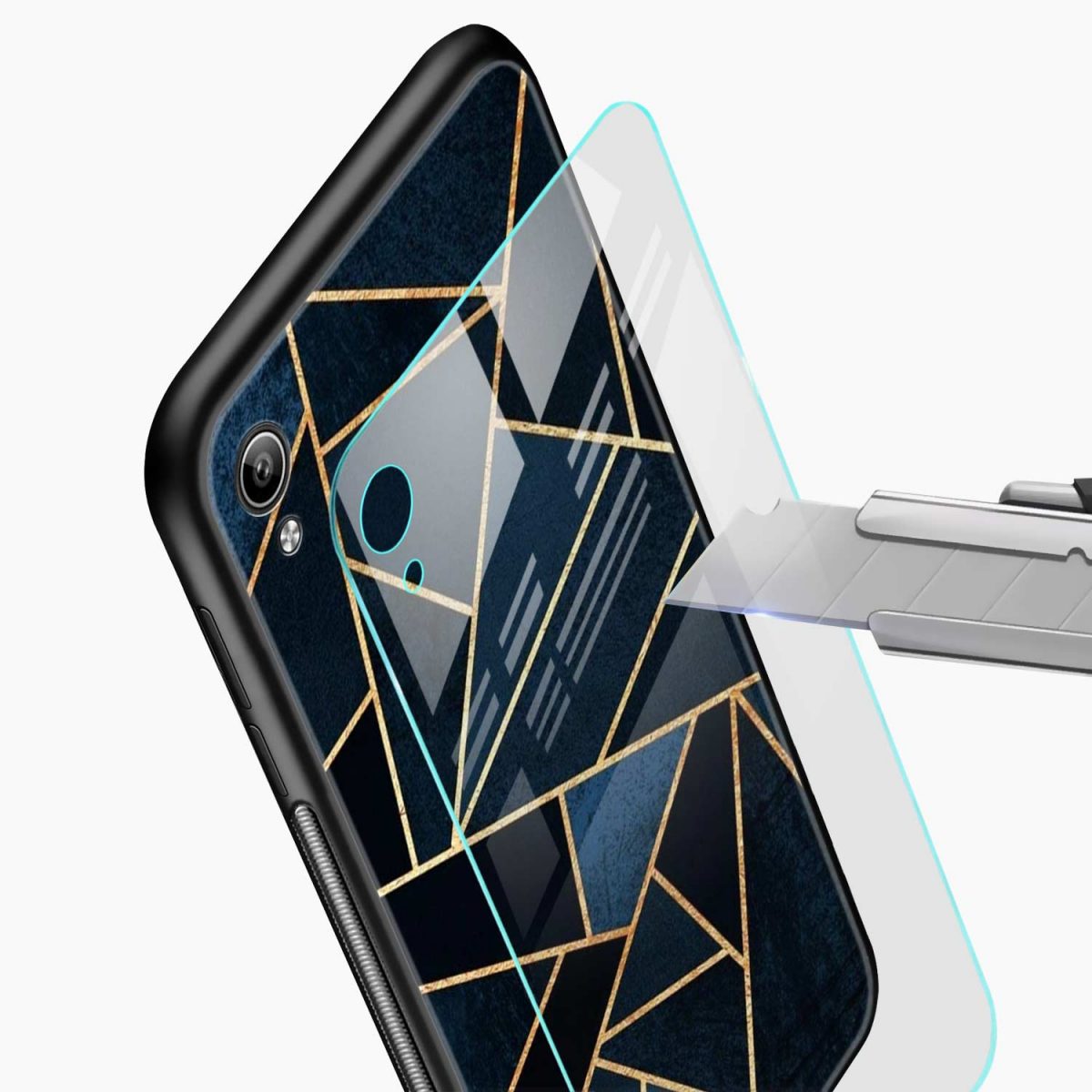 diagonal marble golden cut vivo y91i back cover glass view