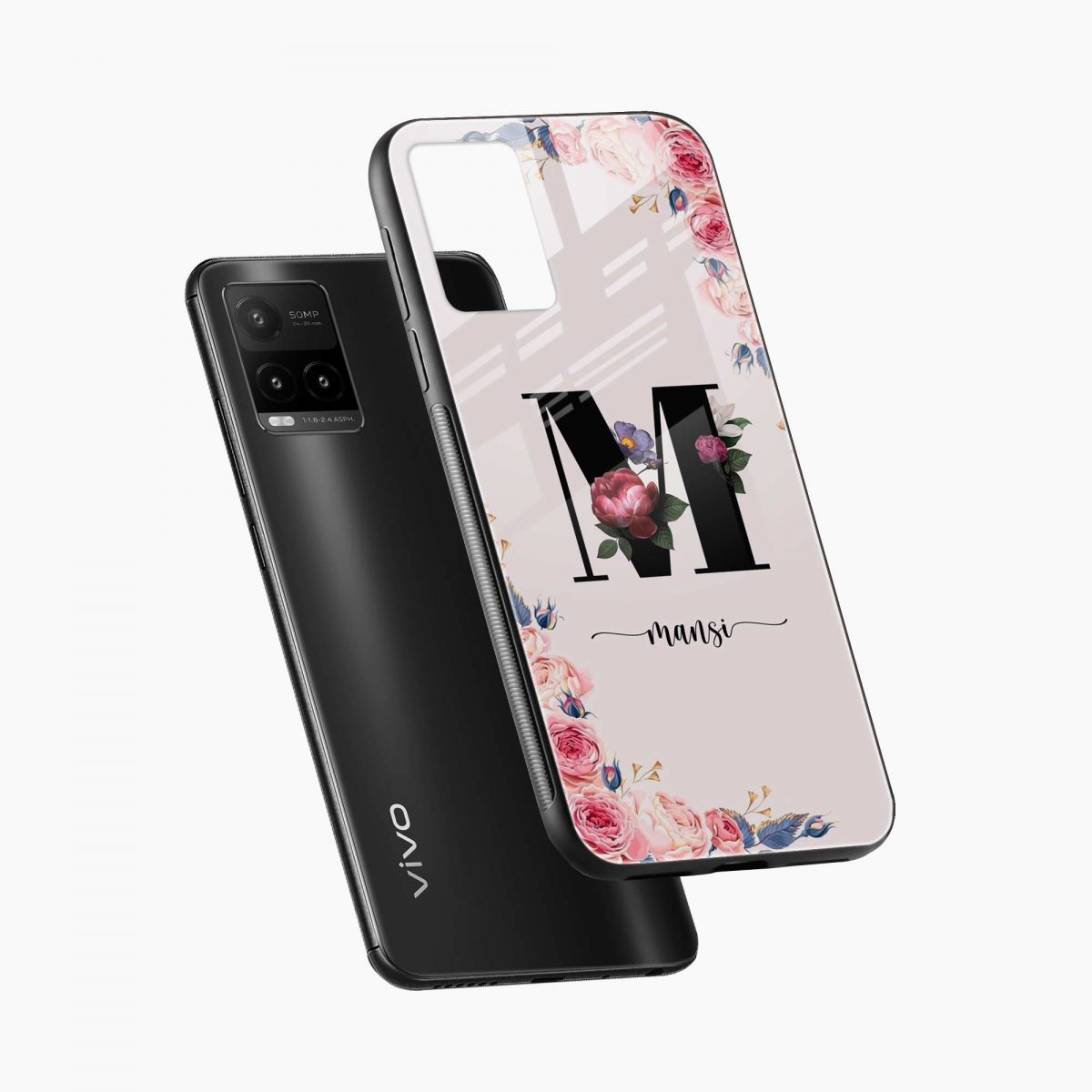 floral name personalised vivo y21e back cover diagonal view